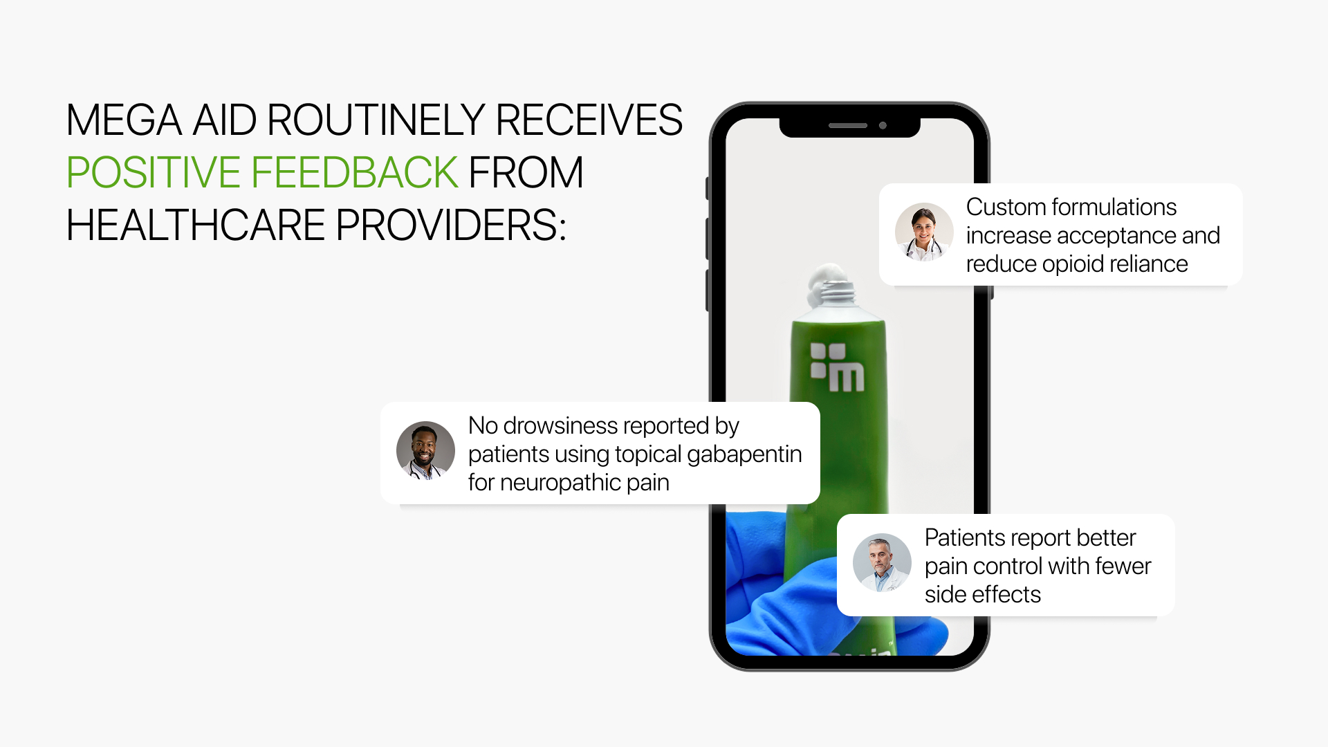 Physician testimonials praising Mega Aid’s topical gabapentin formulations.