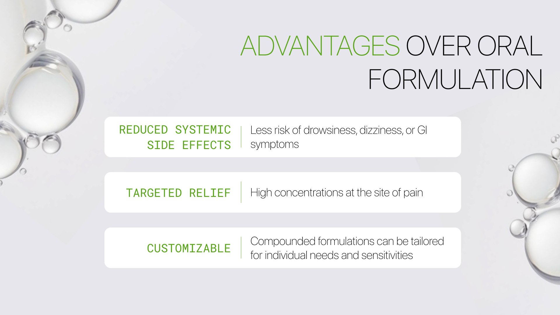 Comparison showing advantages of topical gabapentin vs oral gabapentin.